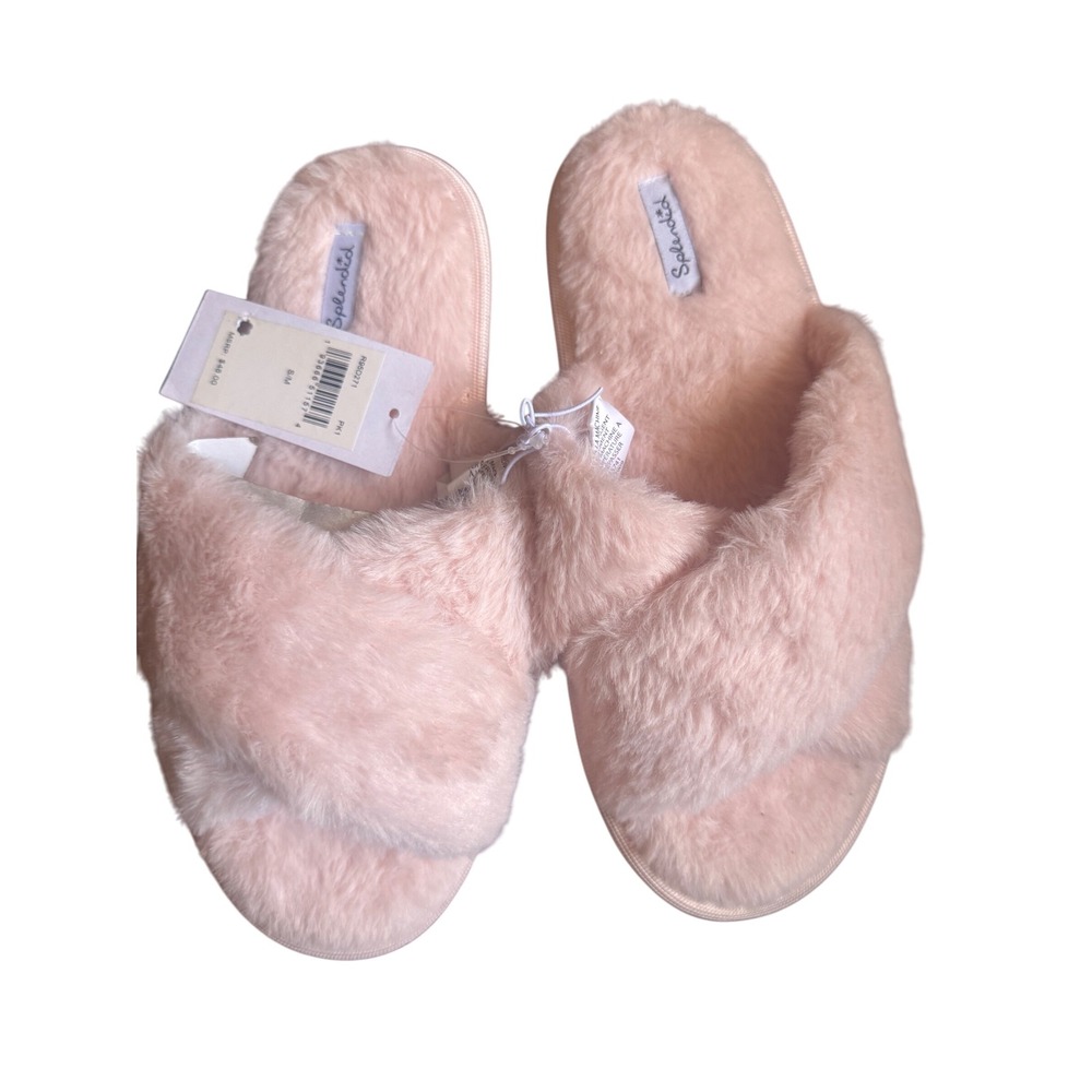 Splendid Women's Pink Plush Faux Fur Crisscross Strap Slippers Slides M